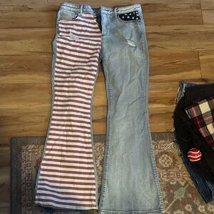 DRIFTWOOD Red and Blue Striped Flare Jeans from FREE PEOPLE